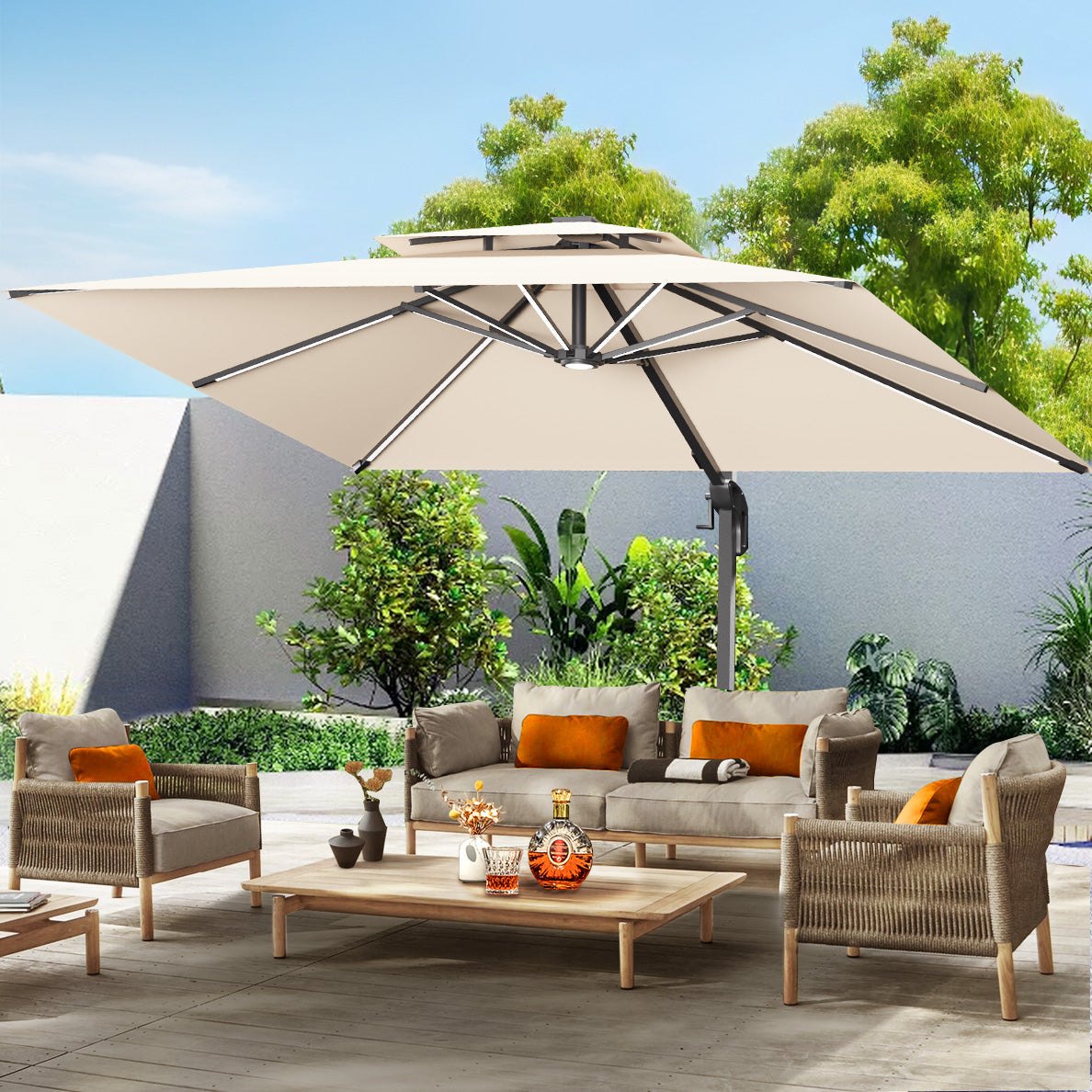 Patioslife Aegis Premium Cantilever Umbrella with LED Strip Lights, Fibreglass Ribs, Powder-Coated Aluminium Pole & Protective Cover — Luxury Garden & Patio Shade