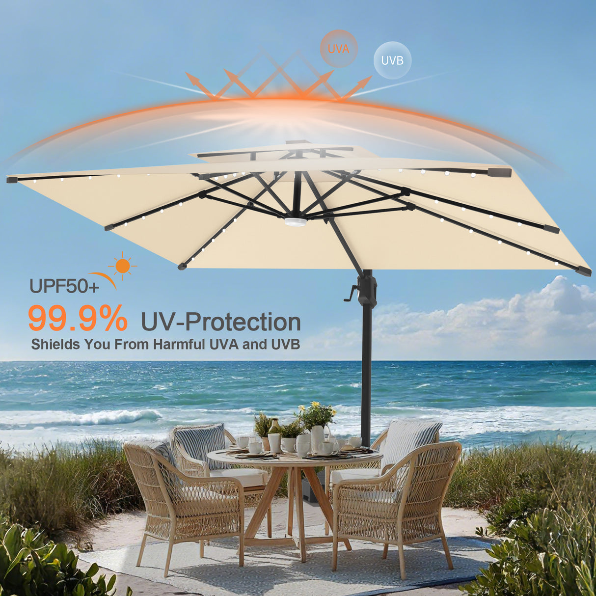 Patioslife Aegis Pro Cantilever Umbrella with LED Lights, Reinforced & Powder-Coated Aluminium Ribs and Pole — Perfect for Garden & Patio