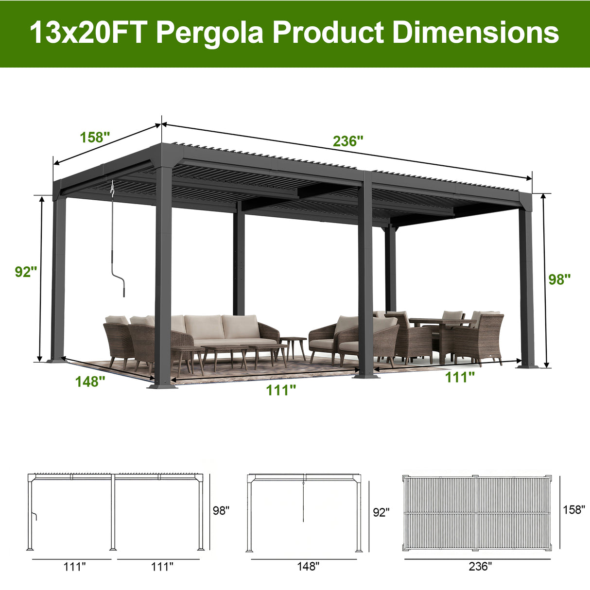 Patioslife Atlantic Premium Louvered Pergola with Adjustable Roof Panels, Integrated Gutter System & Freestanding All-Weather Outdoor Shelter for Patio, Deck & Poolside