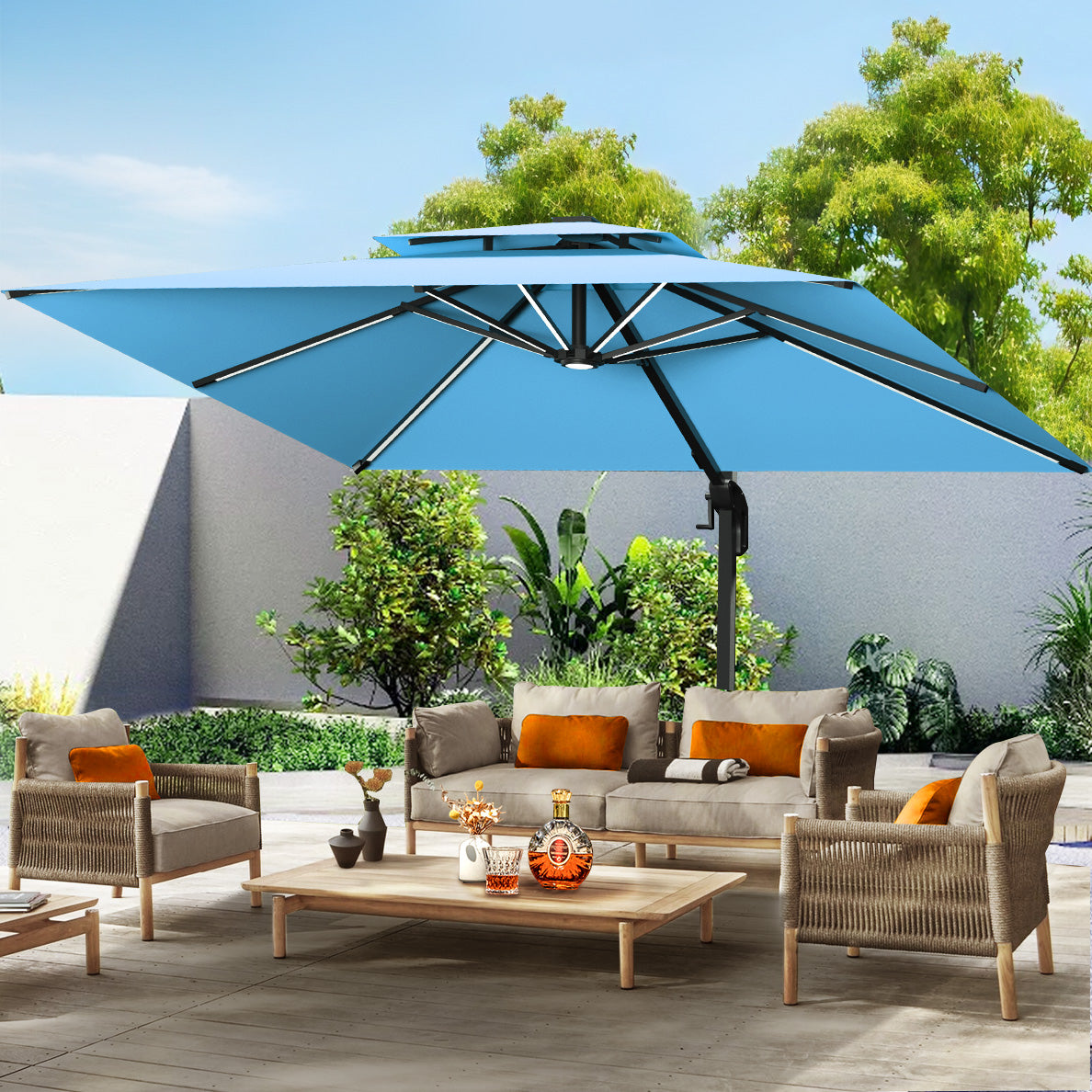 Patioslife Aegis Premium Cantilever Umbrella with LED Strip Lights, Fibreglass Ribs, Powder-Coated Aluminium Pole & Protective Cover — Luxury Garden & Patio Shade