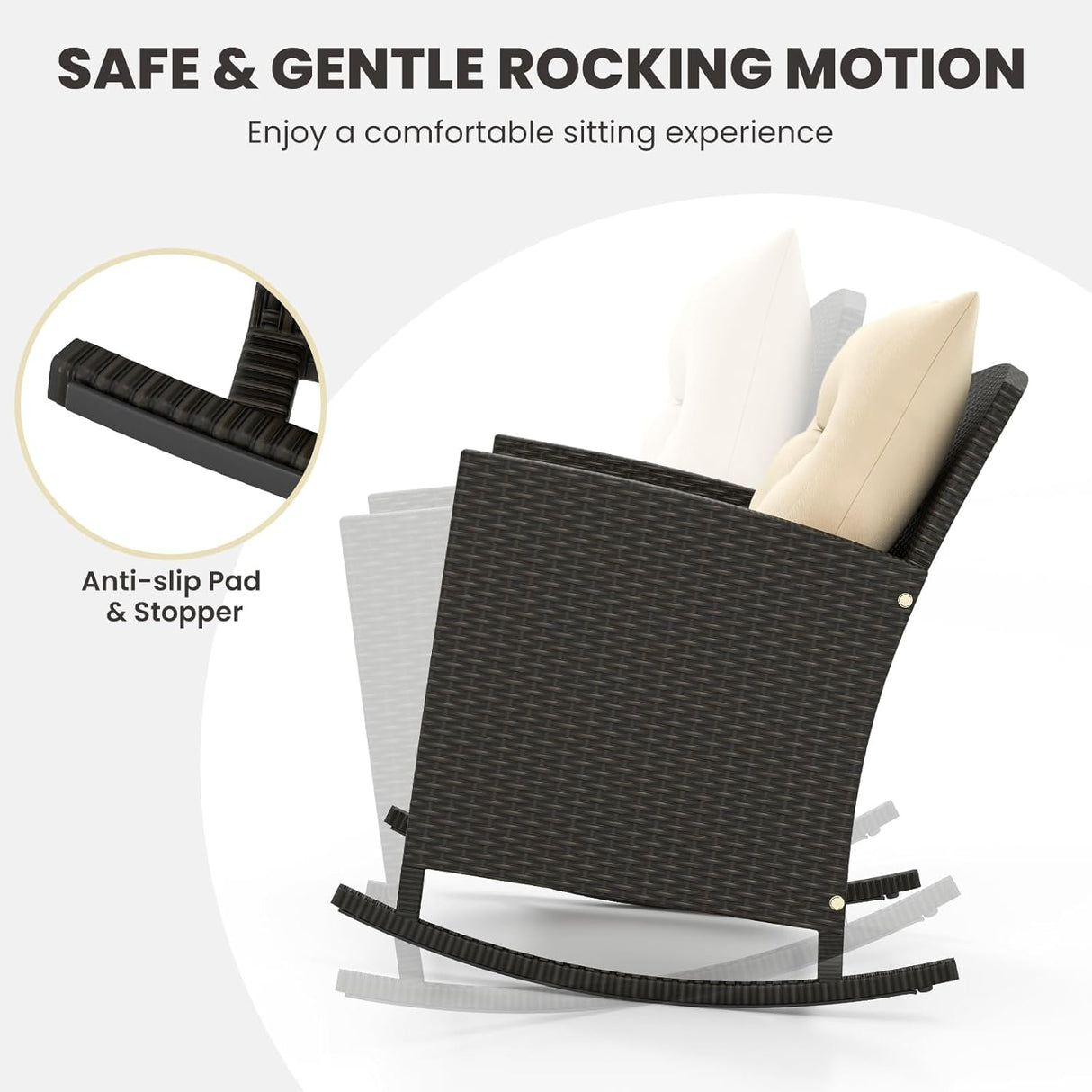 3-Piece Outdoor Wicker Rocking Chair Set – Patio Furniture with Soft Cushions & Glass Coffee Table – Rattan Bistro Set for Porch, Balcony, Garden, or Poolside