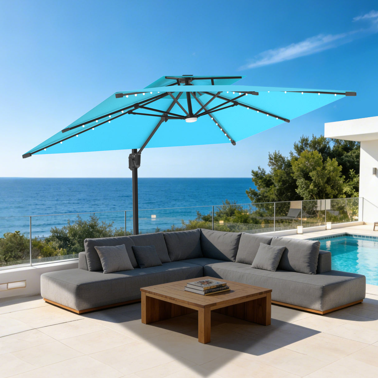 Patioslife Aegis Pro Cantilever Umbrella with LED Lights, Reinforced & Powder-Coated Aluminium Ribs and Pole — Perfect for Garden & Patio