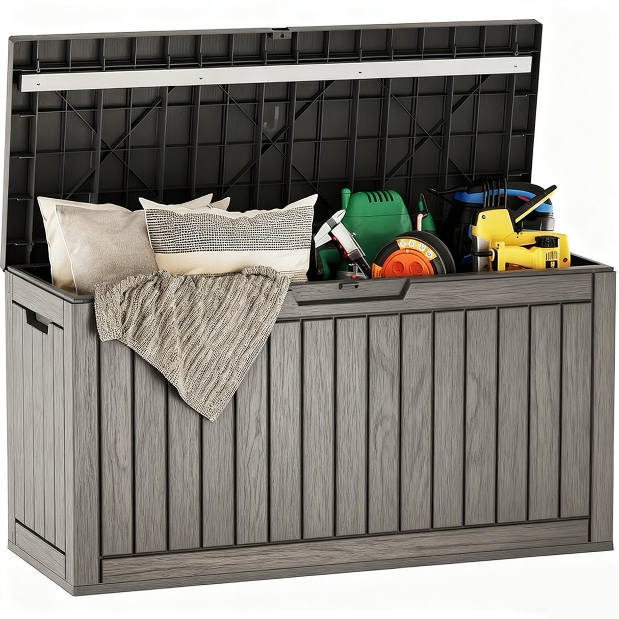 Waterproof Resin Outdoor Storage Box – 60, 90, and 120 Gallon Sizes – Lockable, UV Resistant Deck Storage Bin for Patio Cushions, Gardening Tools, and More – Grey