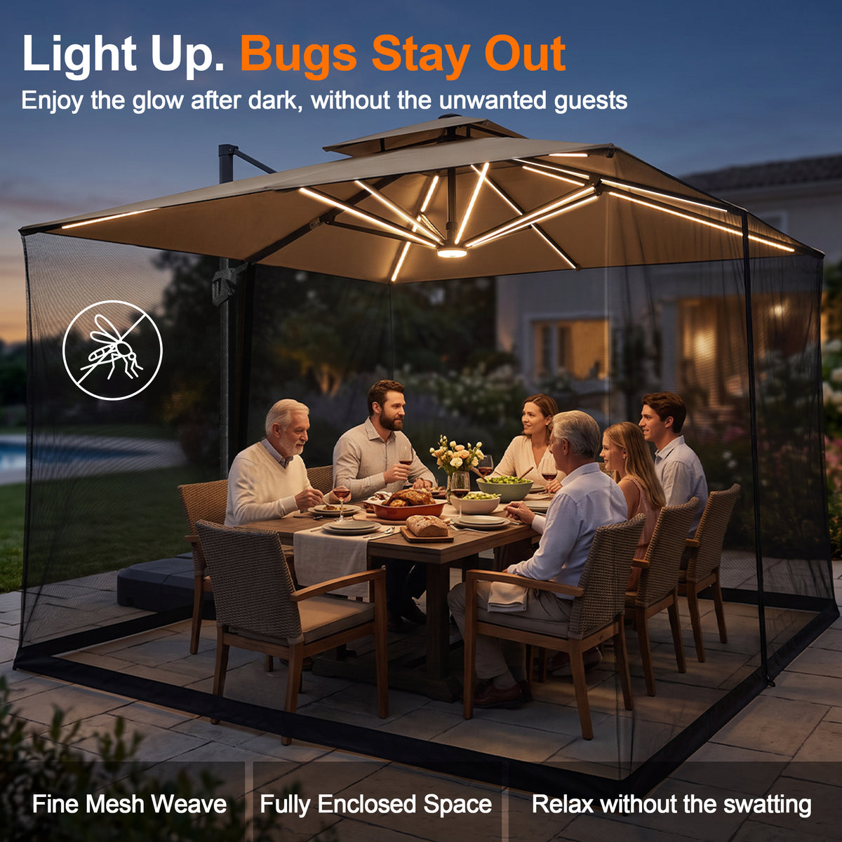 Patioslife Cantilever Umbrella Mosquito Net – Zip-Entry Mesh Screen with Weighted Base, Fits 8–13ft Umbrellas