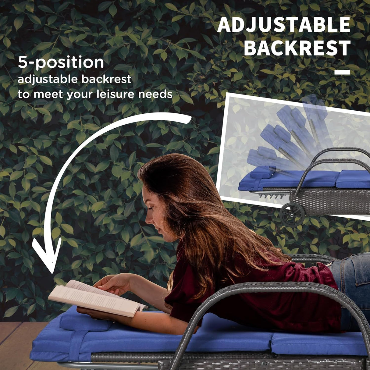 Patioslife Wicker Chaise Lounge Chair – Outdoor PE Rattan Sun Lounger with Cushion, Adjustable 5-Level Backrest, Headrest & Wheels, Deep Coffee & Cream White