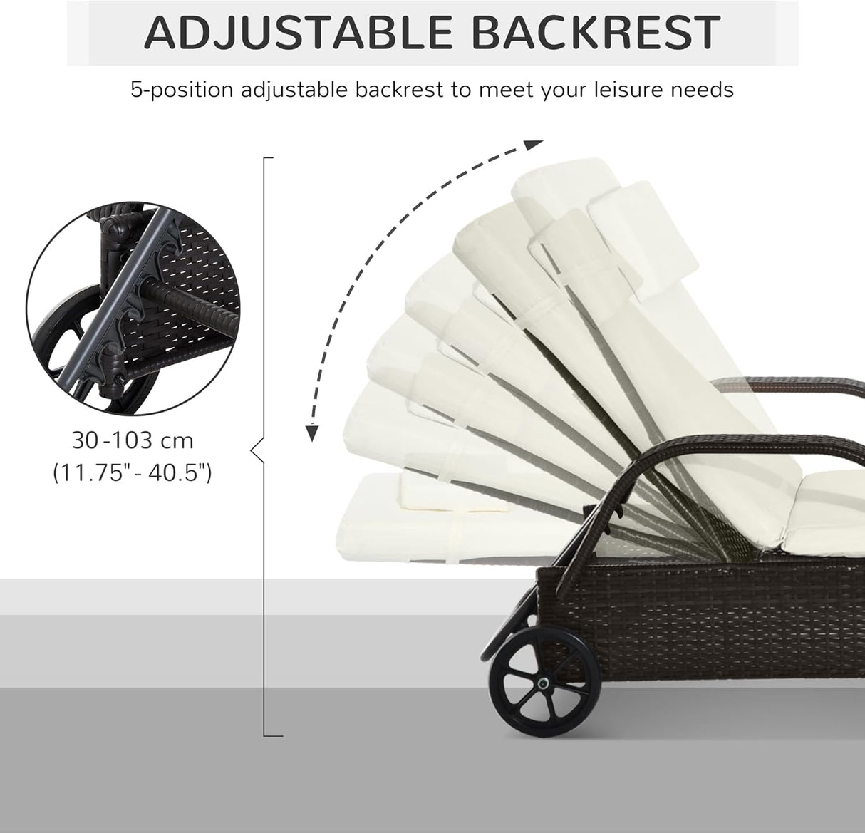 Patioslife Wicker Chaise Lounge Chair – Outdoor PE Rattan Sun Lounger with Cushion, Adjustable 5-Level Backrest, Headrest & Wheels, Deep Coffee & Cream White