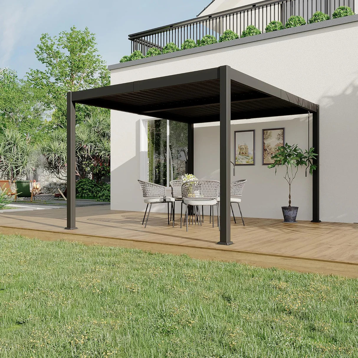 Aluminium Louvered Pergola,patioslife,Poolside,Outdoor Leisure Area,Outdoor Kitchen or Dining Area,Garden Pathway,Rooftop Terrace,Sun Shading & Light Contro,Space Definition table, and chairs on a wooden deck.