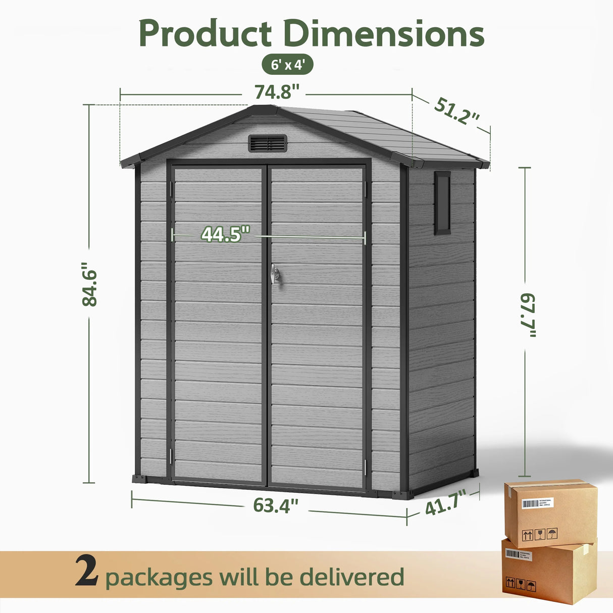 Patioslife YardVault 6x4ft resin garden storage shed dimension guide with double doors, side window and two-package delivery