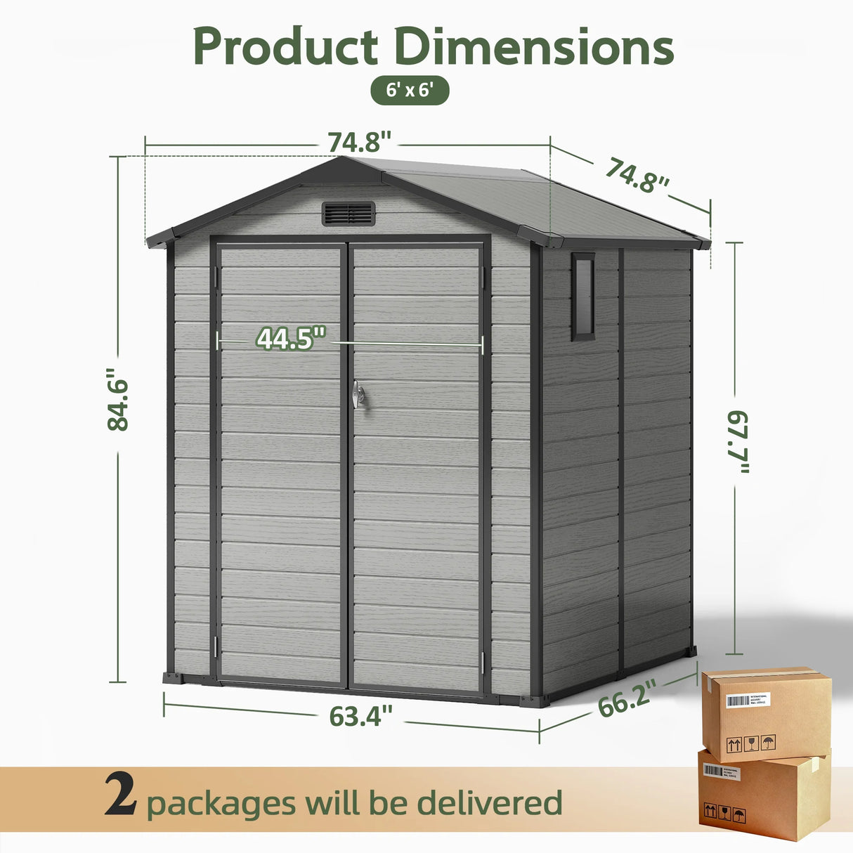 Patioslife YardVault 6x6ft resin garden storage shed dimension guide with double doors, side window and two-package delivery