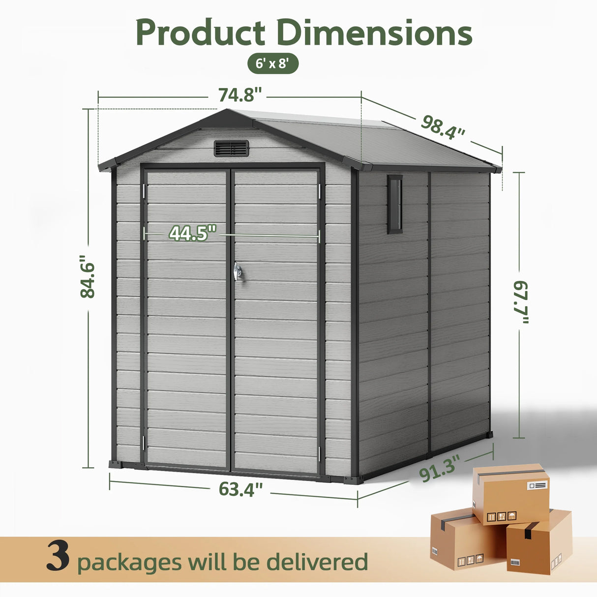 Patioslife YardVault 6x8ft resin garden storage shed dimension guide with double doors, side window and three-package delivery