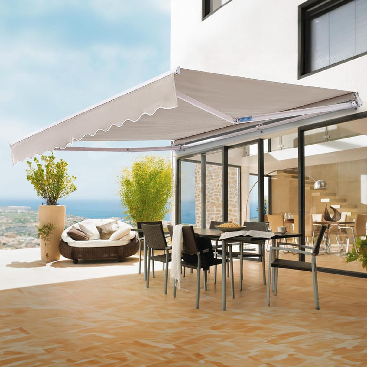 Patioslife Manual Retractable Awning – Outdoor Water-Resistant Polyester Sun Shade with Crank Handle for Patio, Balcony & Backyard