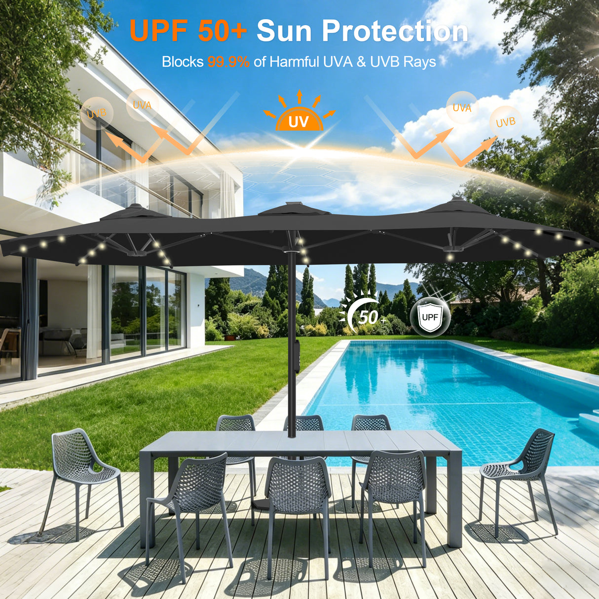 Patioslife Aegis 9x15ft Motorized Cantilever Patio Umbrella — Double-Sided, Remote Control, UPF 50+, Solar LED Lights & Windproof Frame