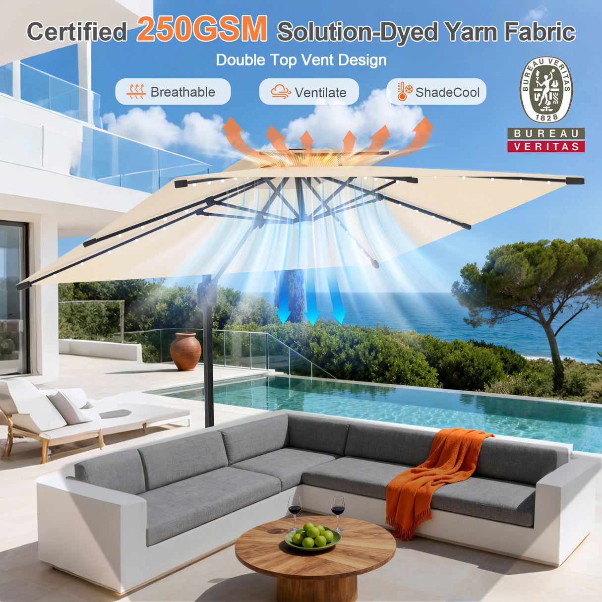 Patioslife Aegis Pro Cantilever Umbrella with LED Lights, Reinforced & Powder-Coated Aluminium Ribs and Pole — Perfect for Garden & Patio