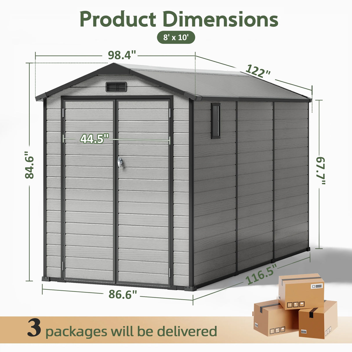 Patioslife YardVault 8x10ft resin garden storage shed dimension guide with wide double doors, side window and three-package delivery