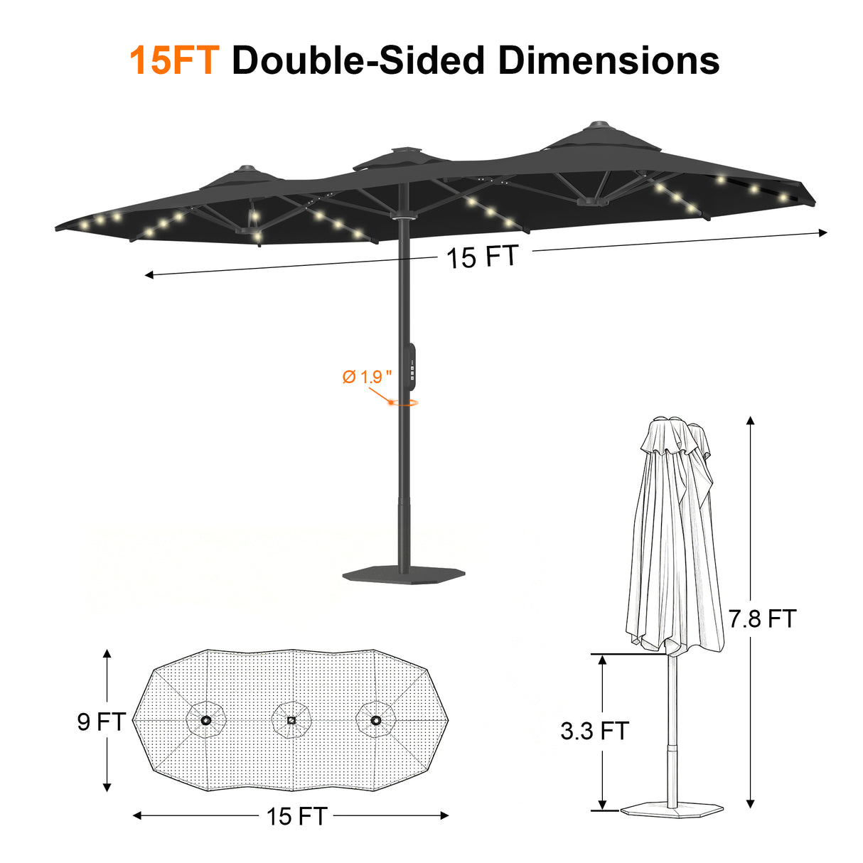Patioslife Aegis 9x15ft Motorized Cantilever Patio Umbrella — Double-Sided, Remote Control, UPF 50+, Solar LED Lights & Windproof Frame