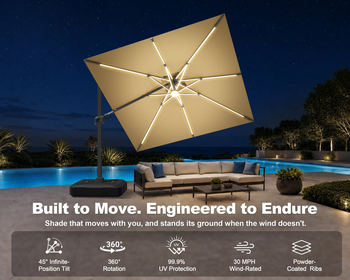 Patioslife Aegis Signature Rotating Cantilever Patio Umbrella with Adjustable Tilt | Large Outdoor Shade Umbrella for Garden, Deck & Poolside, Includes Free Premium Cover