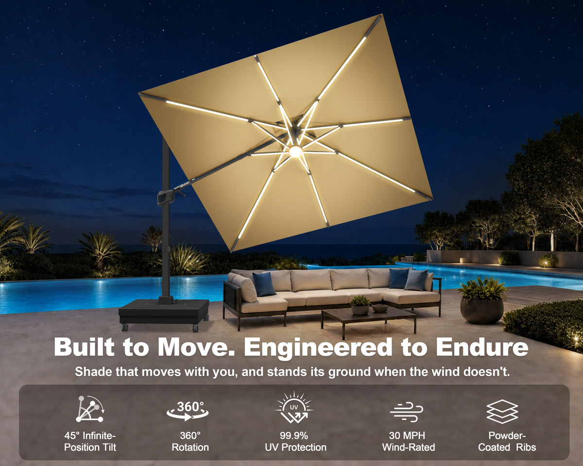 Patioslife Aegis Signature Rotating Cantilever Patio Umbrella with Adjustable Tilt | Large Outdoor Shade Umbrella for Garden, Deck & Poolside, Includes Free Premium Cover