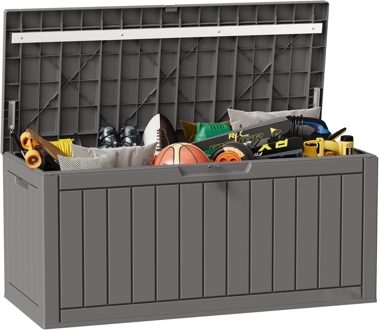 Waterproof Resin Outdoor Storage Box – 60, 90, and 120 Gallon Sizes – Lockable, UV Resistant Deck Storage Bin for Patio Cushions, Gardening Tools, and More – Grey