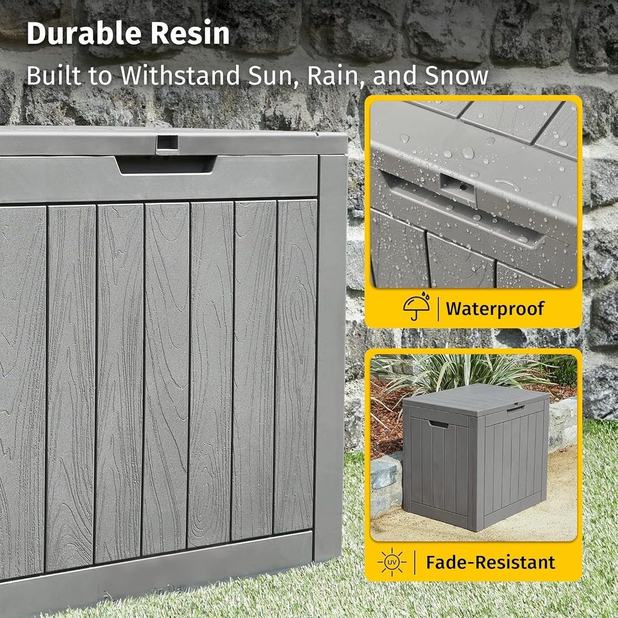 Waterproof Resin Outdoor Storage Box – 60, 90, and 120 Gallon Sizes – Lockable, UV Resistant Deck Storage Bin for Patio Cushions, Gardening Tools, and More – Grey