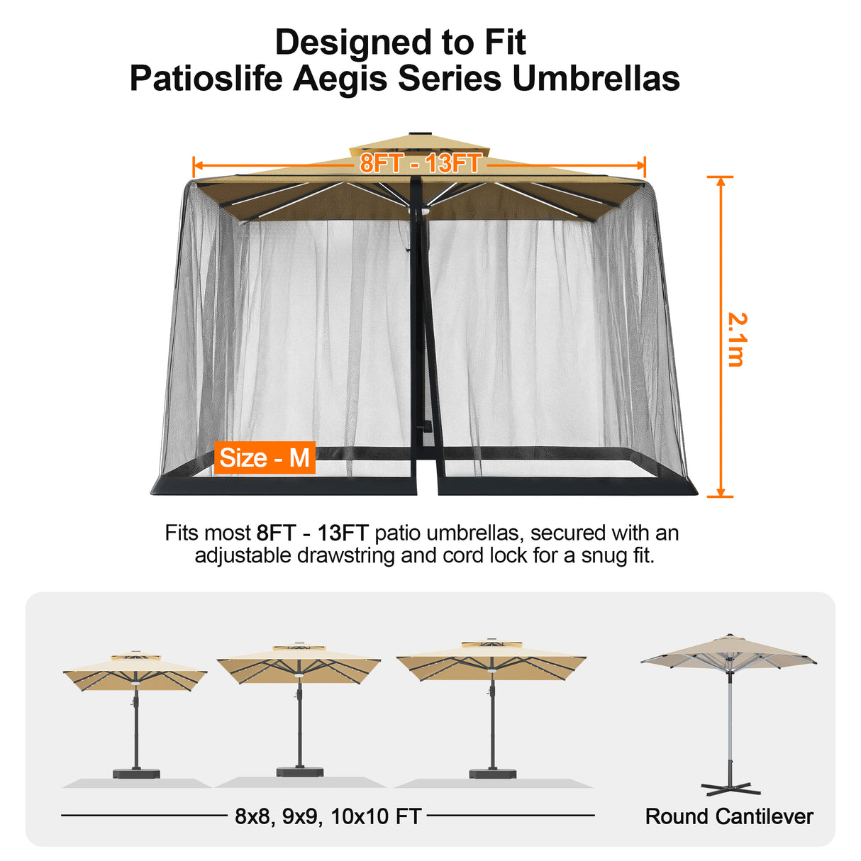 Patioslife Cantilever Umbrella Mosquito Net – Zip-Entry Mesh Screen with Weighted Base, Fits 8–13ft Umbrellas