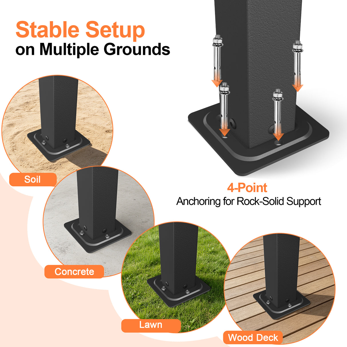 Patioslife Atlantic retractable pergola charcoal post base with 4-point anchoring for soil, concrete, lawn and wood deck installation