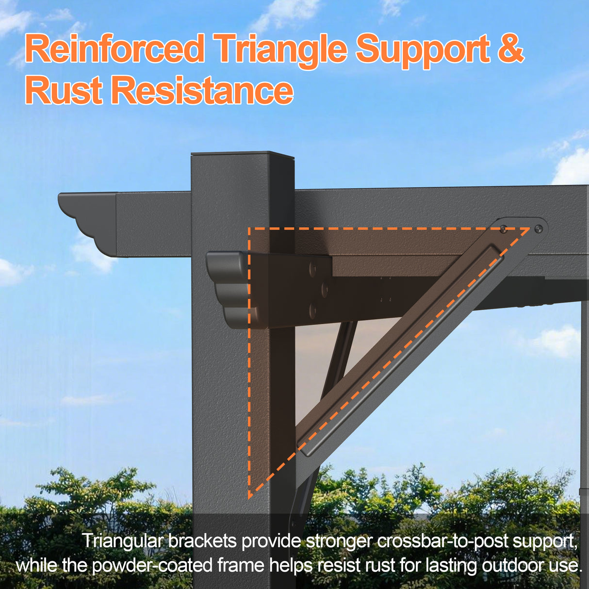Patioslife Atlantic pergola reinforced triangle support bracket with powder-coated charcoal frame for rust resistance