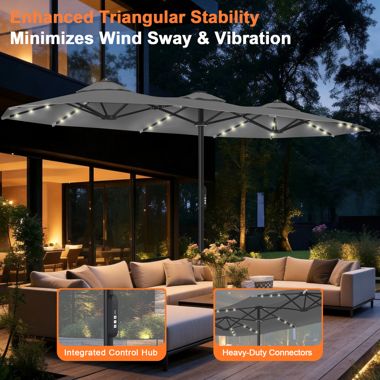 Patioslife Aegis 9x15ft Motorized Cantilever Patio Umbrella — Double-Sided, Remote Control, UPF 50+, Solar LED Lights & Windproof Frame