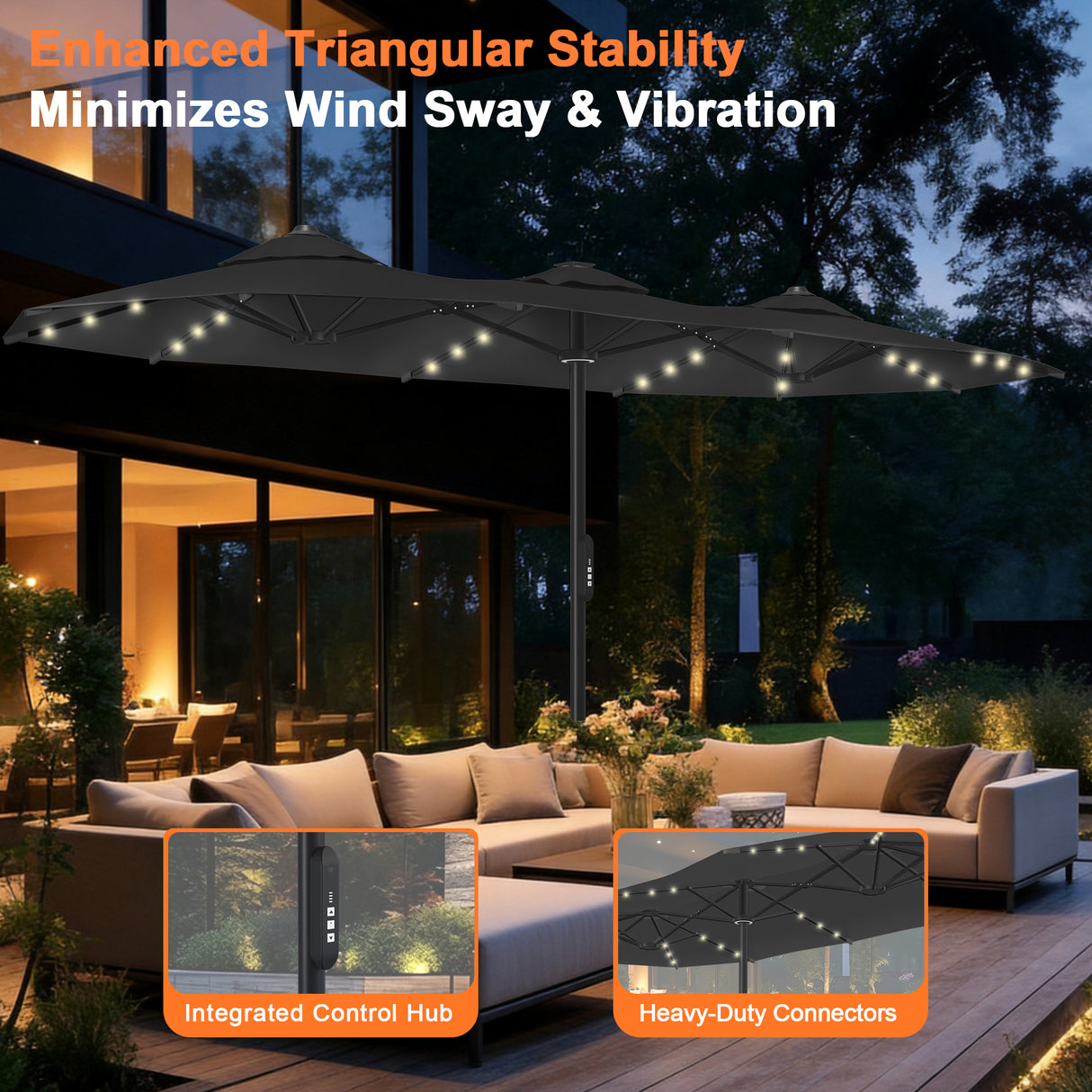 Patioslife Aegis 9x15ft Motorized Cantilever Patio Umbrella — Double-Sided, Remote Control, UPF 50+, Solar LED Lights & Windproof Frame