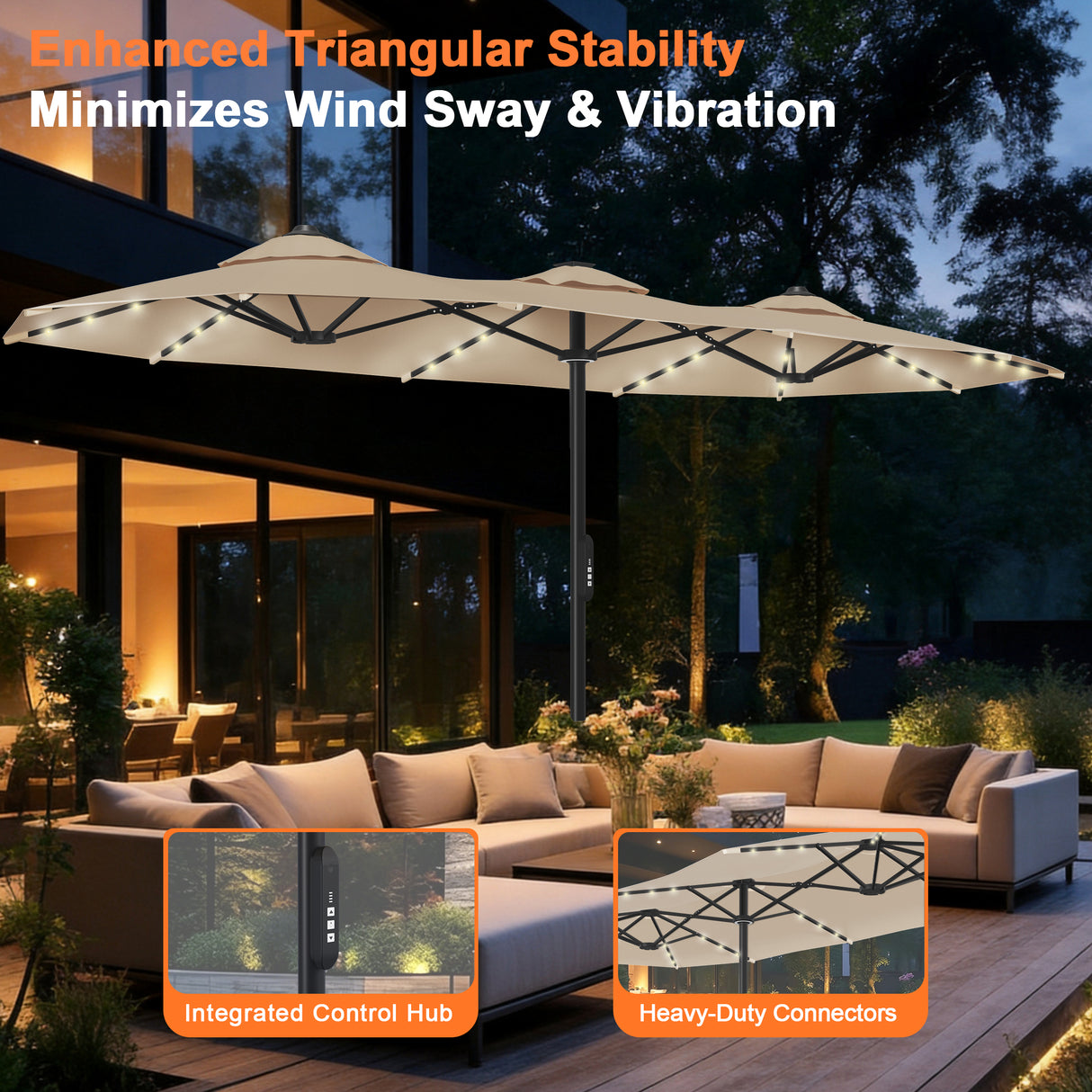 Patioslife Aegis 9x15ft Motorized Cantilever Patio Umbrella — Double-Sided, Remote Control, UPF 50+, Solar LED Lights & Windproof Frame
