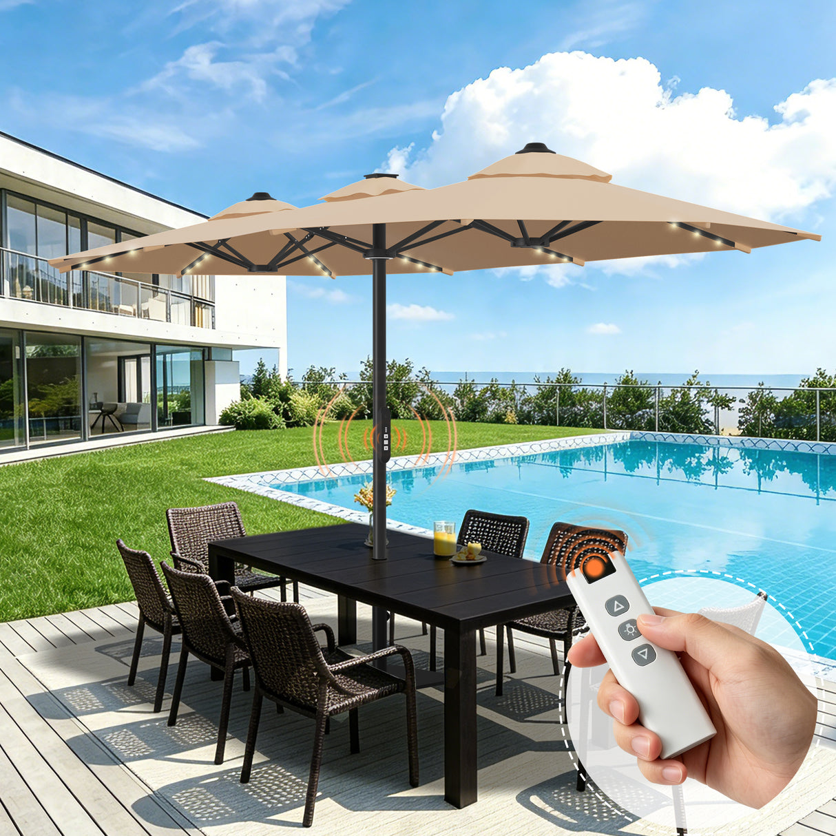 Patioslife Aegis Premium Motorized Double-Sided Patio Umbrella — Remote Control, UPF 50+, Solar LED & Windproof Frame