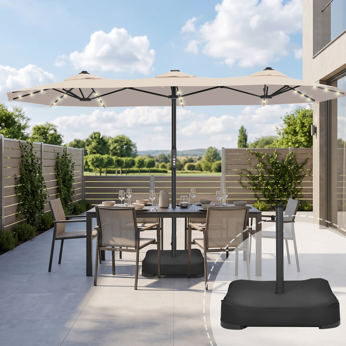 Patioslife Aegis 9x15ft Motorized Cantilever Patio Umbrella — Double-Sided, Remote Control, UPF 50+, Solar LED Lights & Windproof Frame