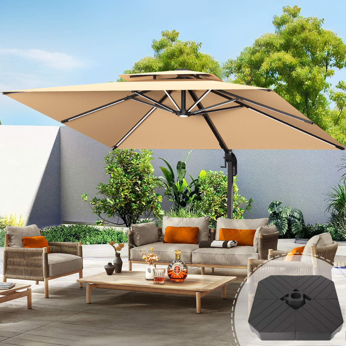 Patioslife Aegis Premium Cantilever Umbrella with LED Strip Lights, Fibreglass Ribs, Powder-Coated Aluminium Pole & Protective Cover — Luxury Garden & Patio Shade