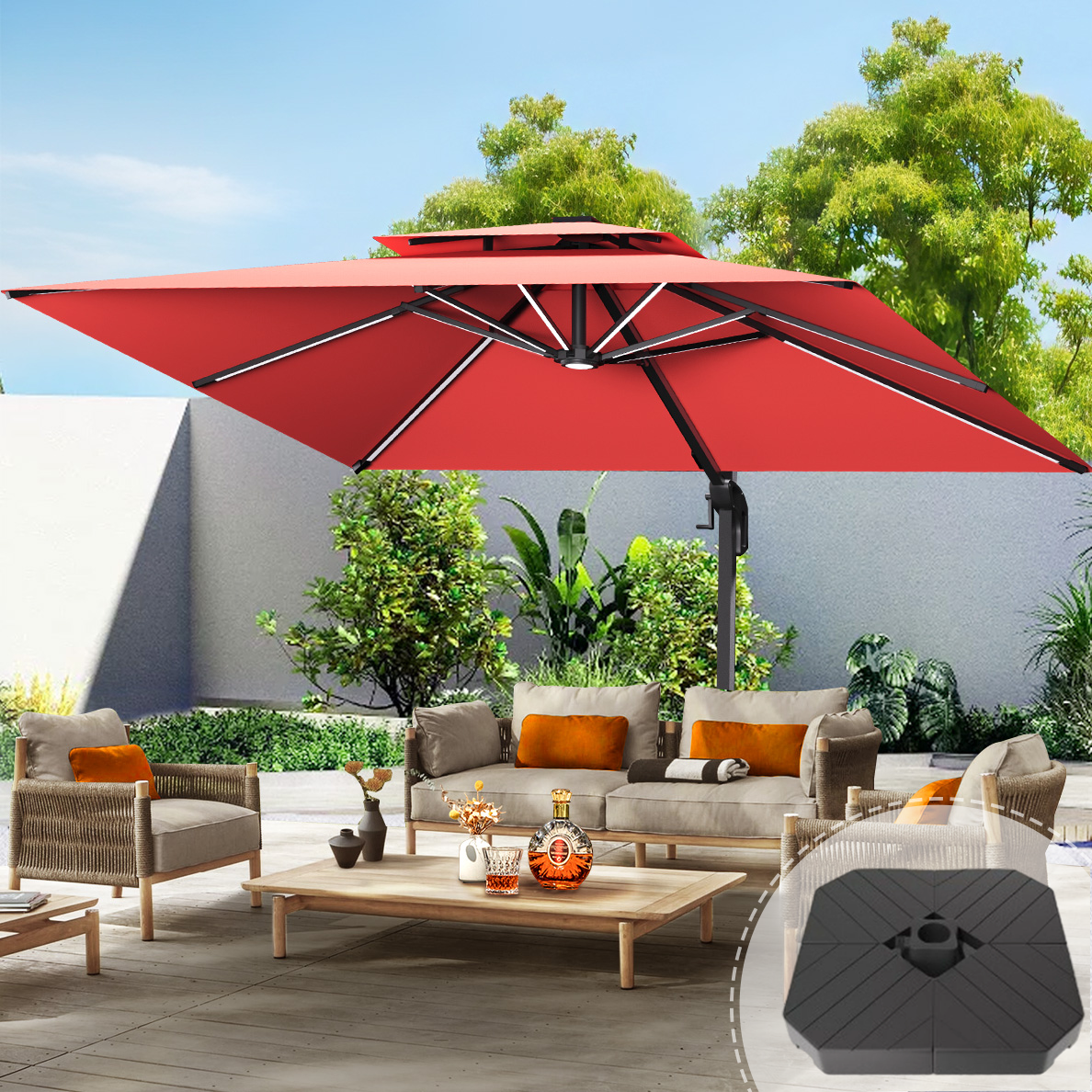 Patioslife Aegis Premium Cantilever Umbrella with LED Strip Lights, Fibreglass Ribs, Powder-Coated Aluminium Pole & Protective Cover — Luxury Garden & Patio Shade