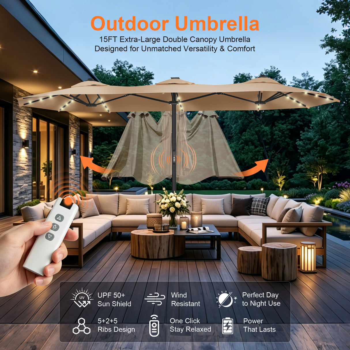 Patioslife Aegis Premium Motorized Double-Sided Patio Umbrella — Remote Control, UPF 50+, Solar LED & Windproof Frame