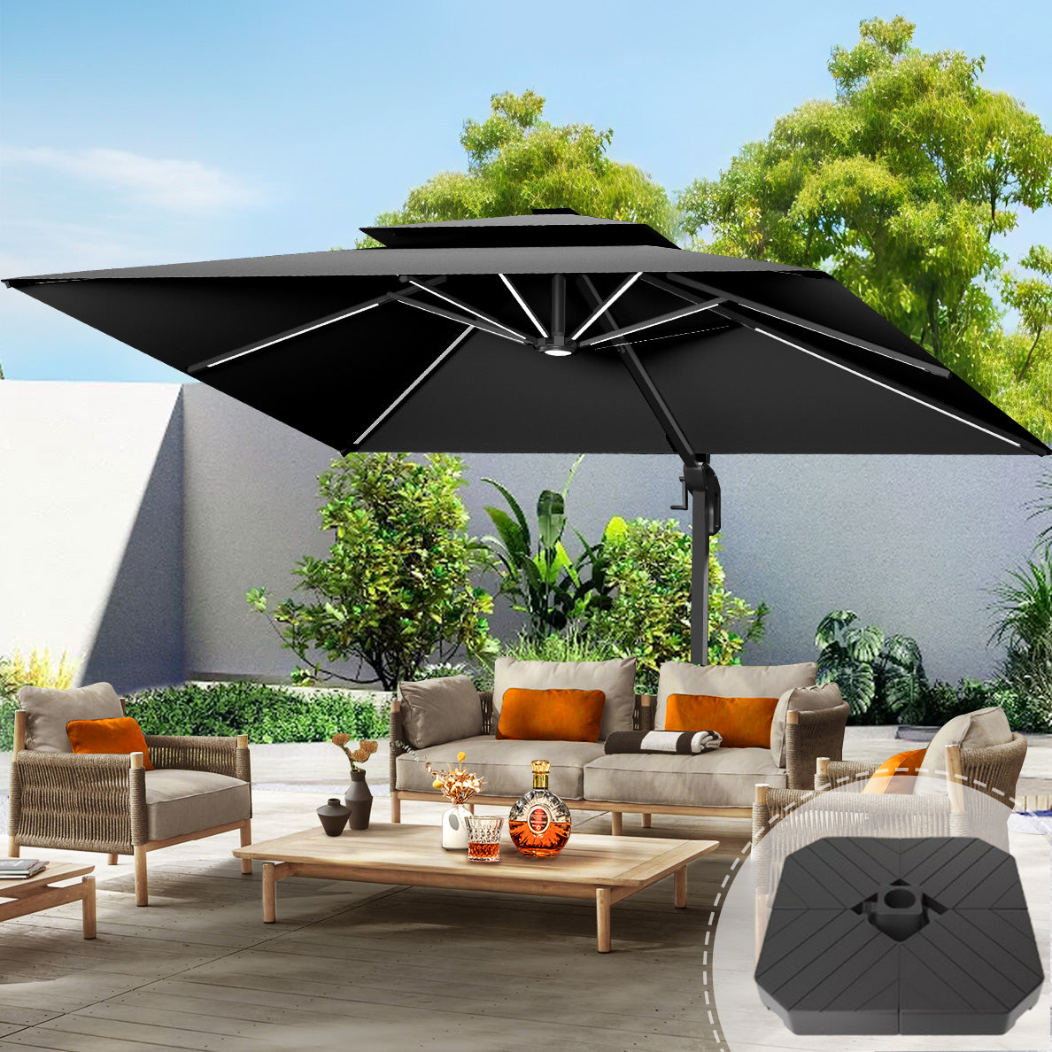 Patioslife Aegis Premium Cantilever Umbrella with LED Strip Lights, Fibreglass Ribs, Powder-Coated Aluminium Pole & Protective Cover — Luxury Garden & Patio Shade