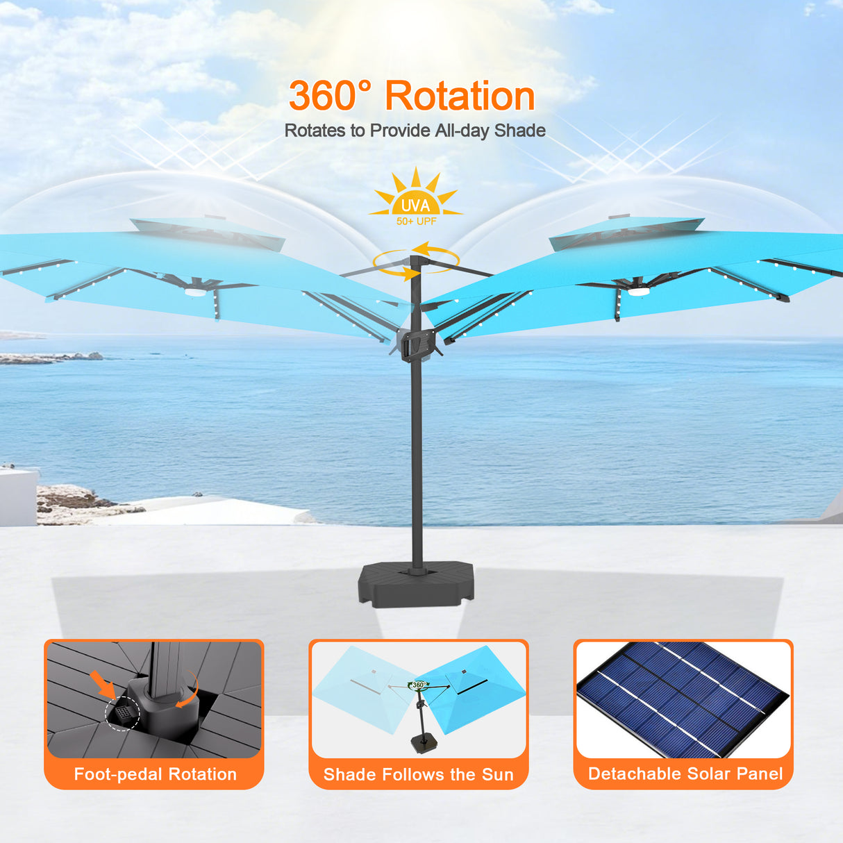 Patioslife Aegis Pro Cantilever Umbrella with LED Lights, Reinforced & Powder-Coated Aluminium Ribs and Pole — Perfect for Garden & Patio