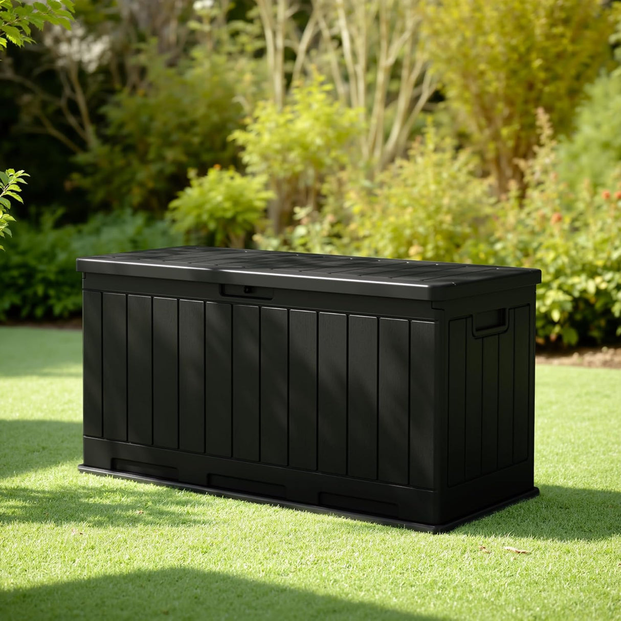 Patioslife Outdoor Resin Deck Box closed on a sunny backyard lawn for UV resistant patio furniture and garden storage