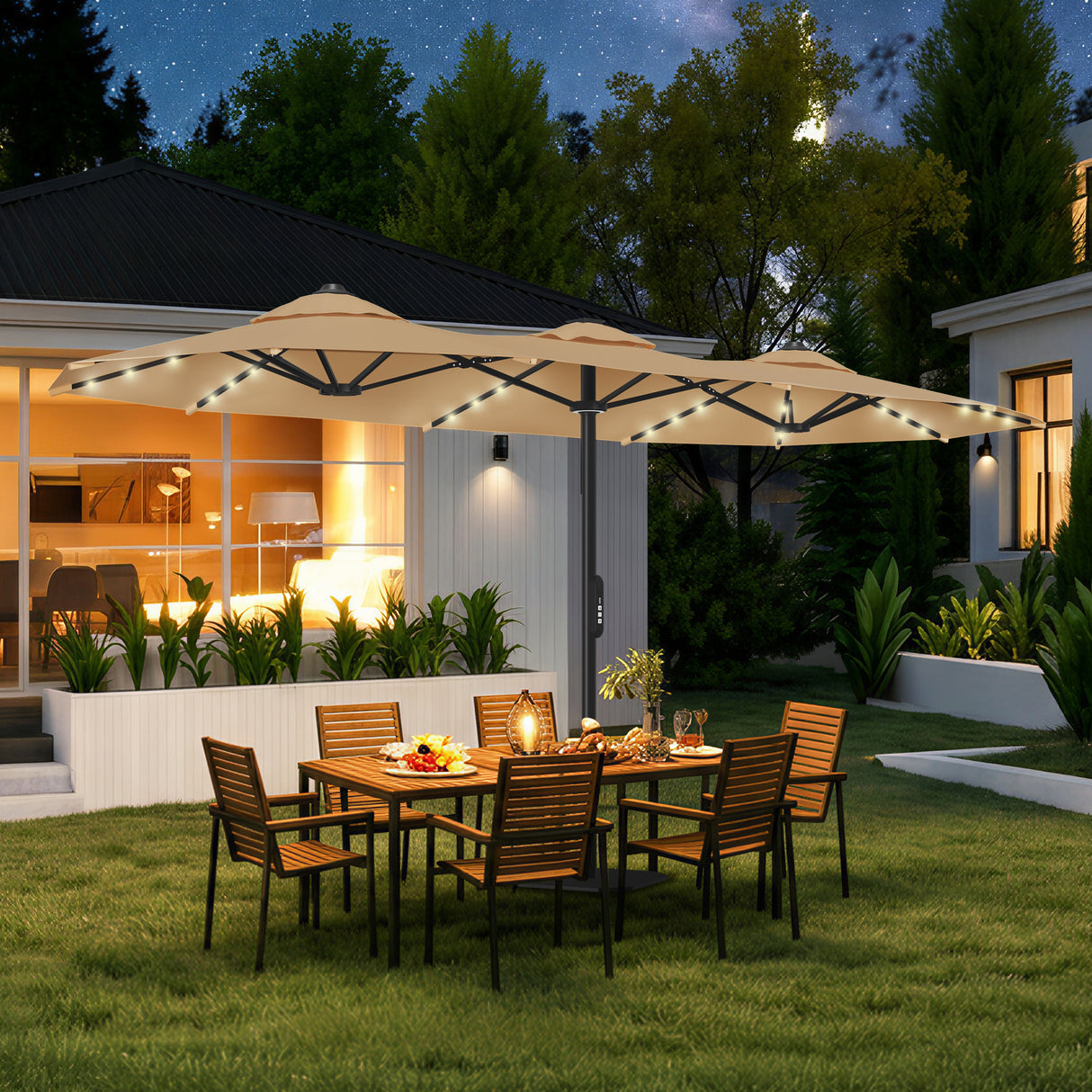 Patioslife Aegis Premium Motorized Double-Sided Patio Umbrella — Remote Control, UPF 50+, Solar LED & Windproof Frame