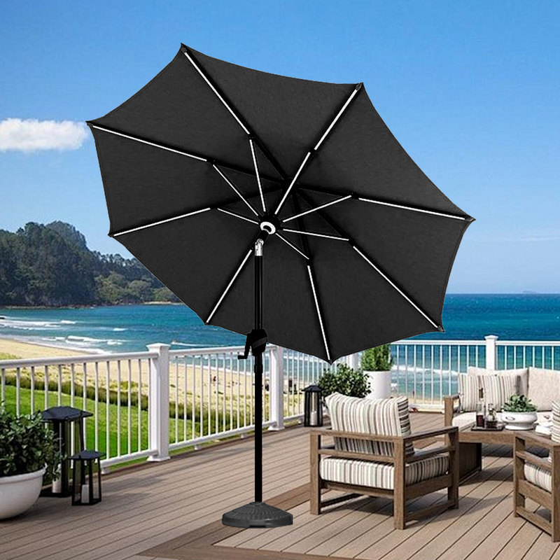 Patioslife 8ft black patio umbrella on a coastal deck with ocean view, outdoor seating and patio lanterns