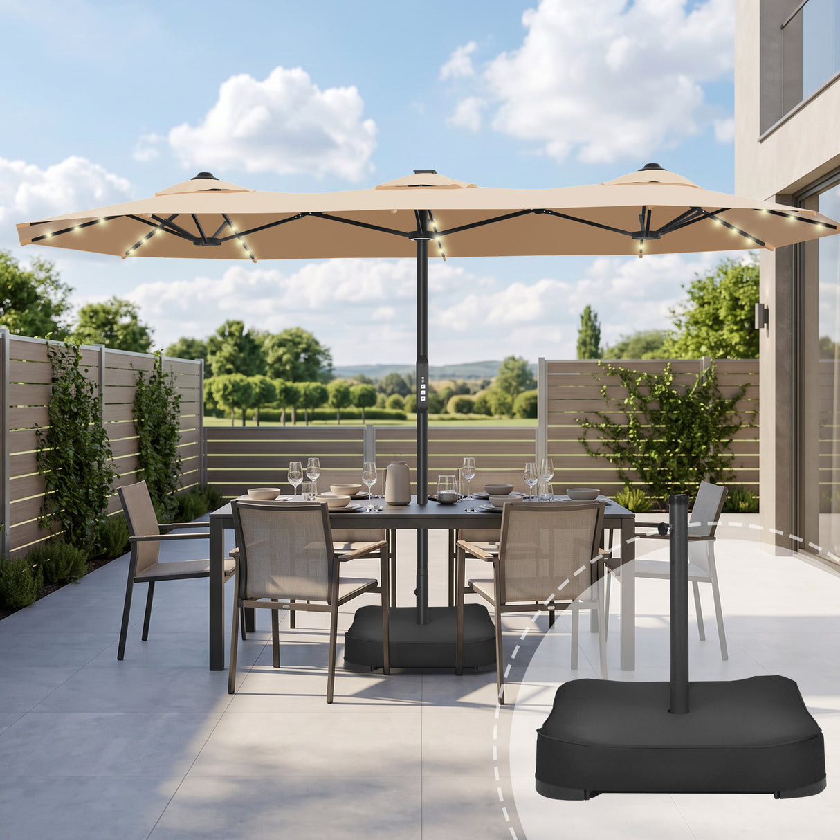 Patioslife Aegis 9x15ft Motorized Cantilever Patio Umbrella — Double-Sided, Remote Control, UPF 50+, Solar LED Lights & Windproof Frame
