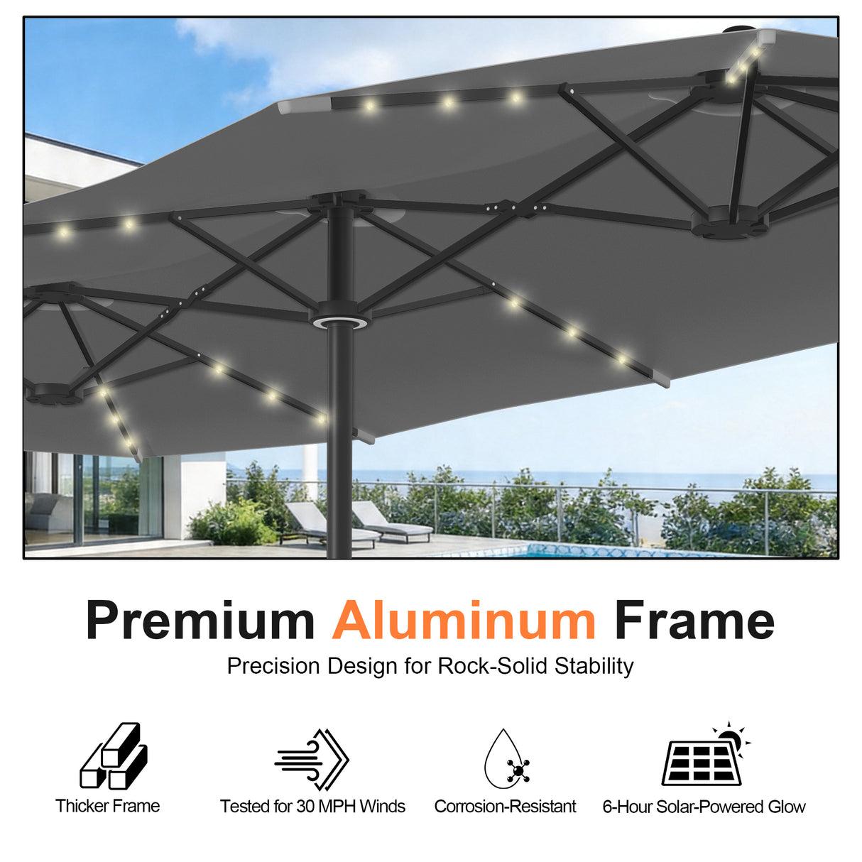 Patioslife Aegis 9x15ft Motorized Cantilever Patio Umbrella — Double-Sided, Remote Control, UPF 50+, Solar LED Lights & Windproof Frame