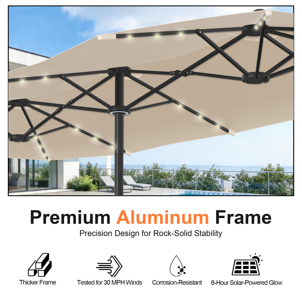 Patioslife Aegis 9x15ft Motorized Cantilever Patio Umbrella — Double-Sided, Remote Control, UPF 50+, Solar LED Lights & Windproof Frame