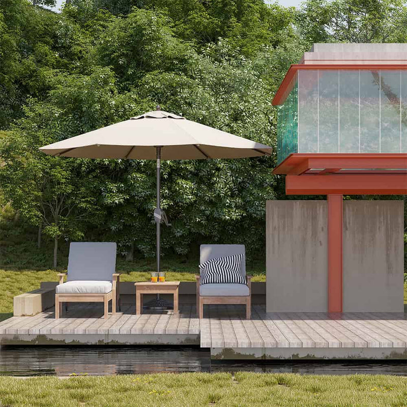 Patioslife 8ft cream patio umbrella on a waterfront deck with lounge chairs beside a modern glass house
