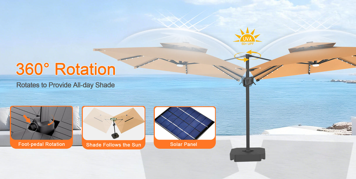 Patioslife Aegis Pro Cantilever Umbrella with LED Lights, Reinforced & Powder-Coated Aluminium Ribs and Pole — Perfect for Garden & Patio