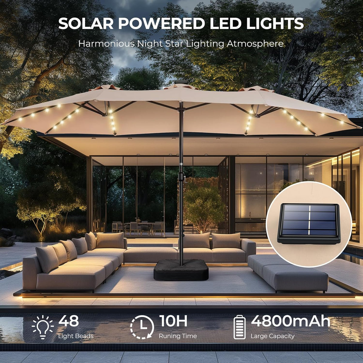 Patioslife Horizon 15 x 9 ft double-sided patio umbrella with LED lights, illuminating a modern outdoor lounge area at night