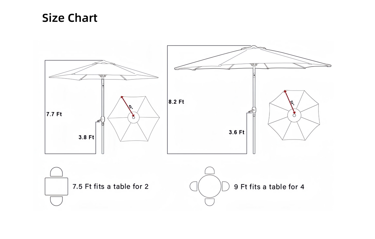 Outdoor patio Umbrella,patioslife,Poolside,Outdoor Leisure Area,Outdoor Kitchen or Dining Area,Garden Pathway,Rooftop Terrace,Sun Shading & Light Contro,Space Definition,size chart
