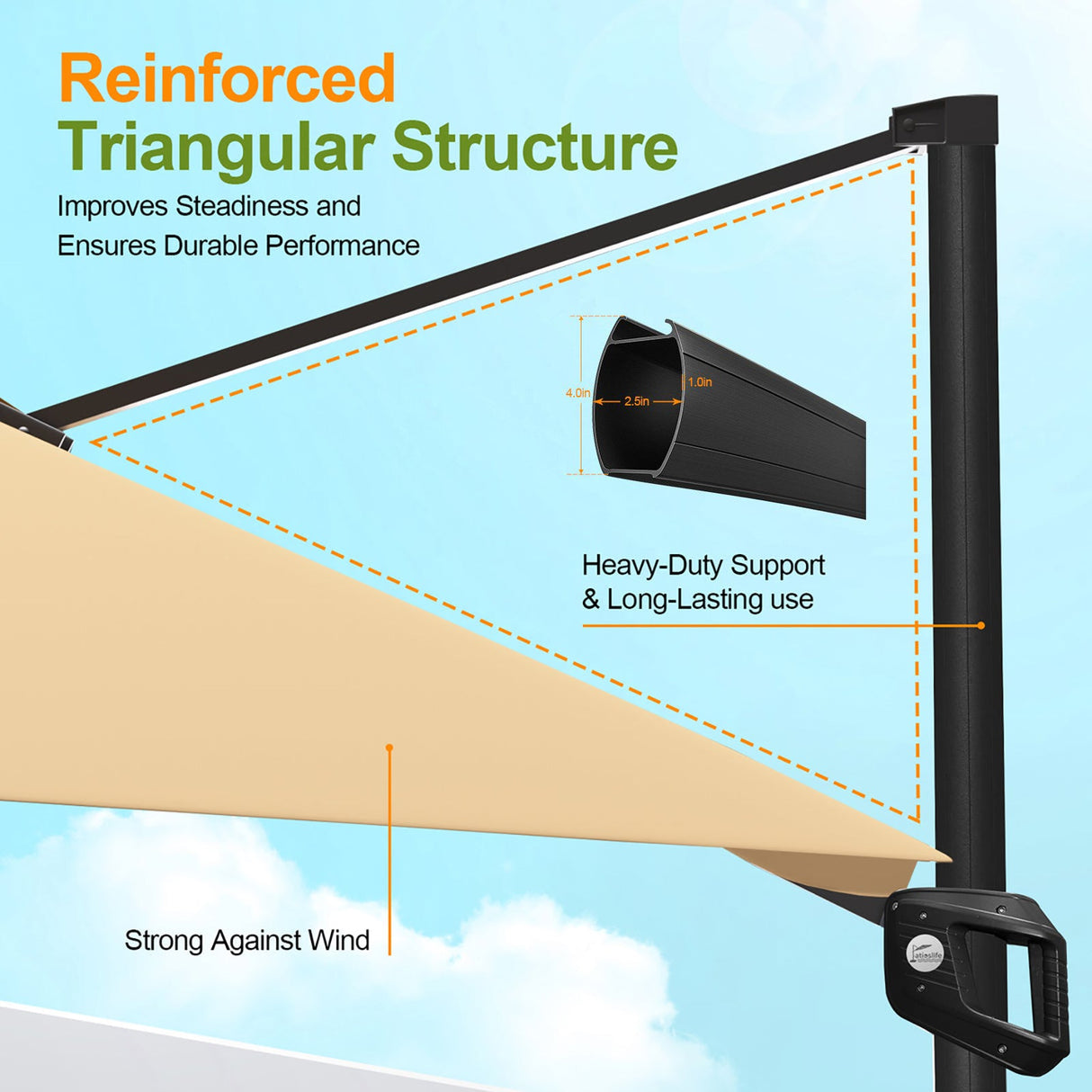 Patioslife Aegis Pro Cantilever Umbrella with LED Lights and Cover, Reinforced & Powder-Coated Aluminium Ribs and Pole — Perfect for Garden & Patio