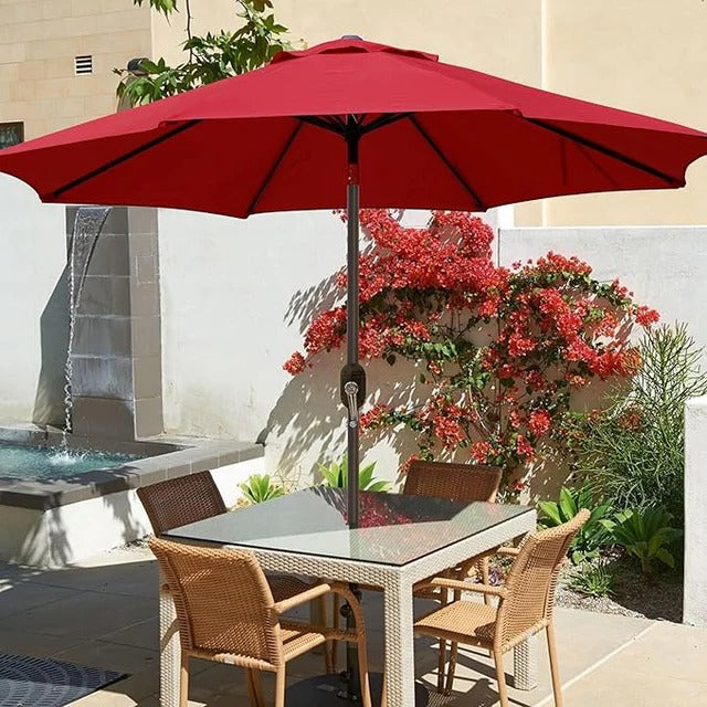 Patioslife Outdoor Market Breeze red patio umbrella over patio dining set for backyard sun protection