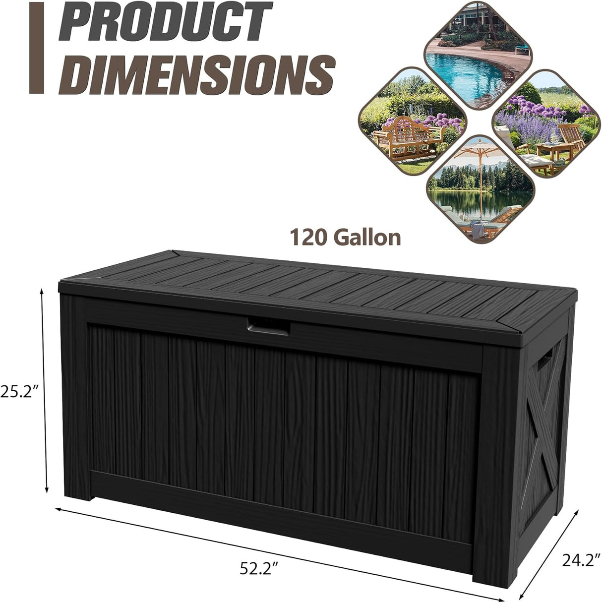 Dimension chart of Patioslife outdoor resin deck box in black, showing 120 gallon storage capacity and overall dimensions for weatherproof patio and garden storage