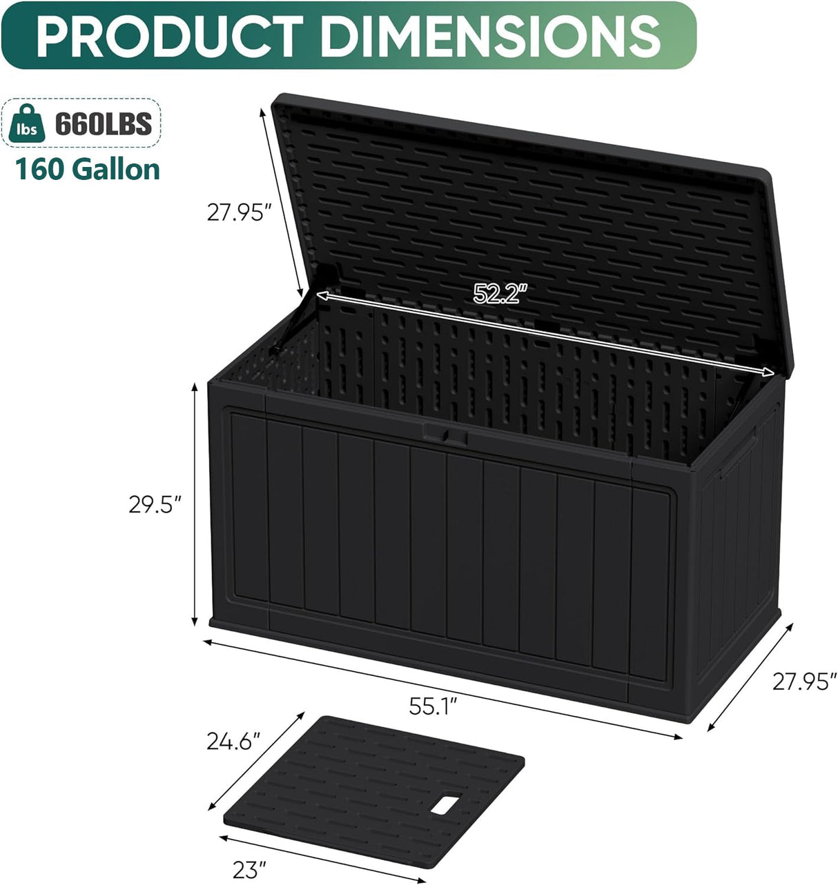 Dimension chart of Patioslife outdoor resin deck box in black, showing 160 gallon storage capacity, 660 lb roof weight capacity, and spacious interior with divider panel